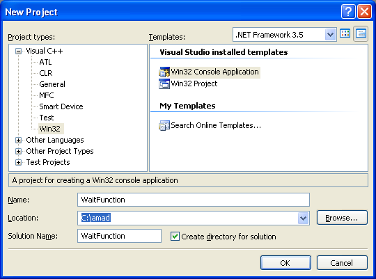 The WaitForSingleObject() Example: Creating new Win32 empty console application project