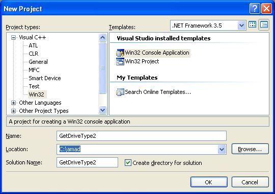 Getting Drive Type Program Example - creating a new Win32 console application project using Visual Studio 2008