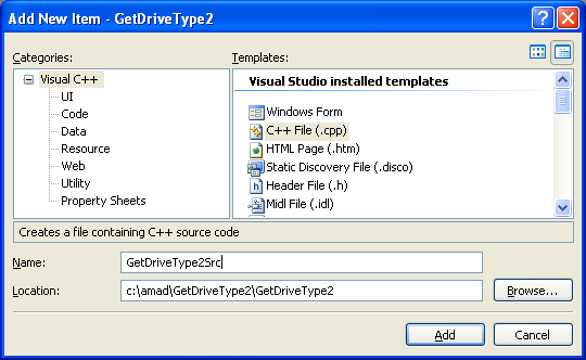 Getting Drive Type Program Example - adding a new C++ source file