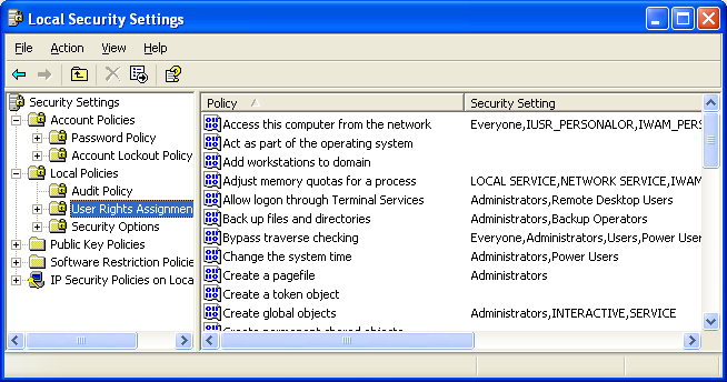The Windows Local security policy as seen for Win Xp Pro: User Rights Assignment