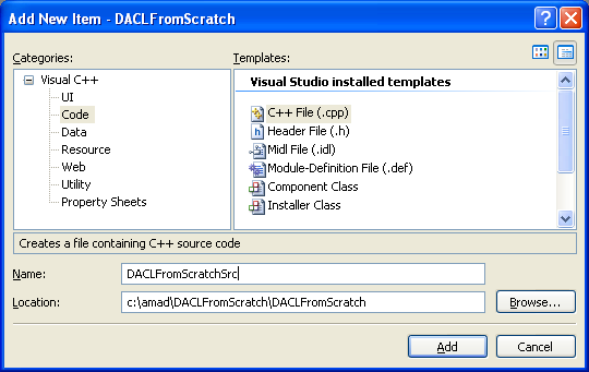 Creating a DACL from a scratch Example: Adding the new C++ source file