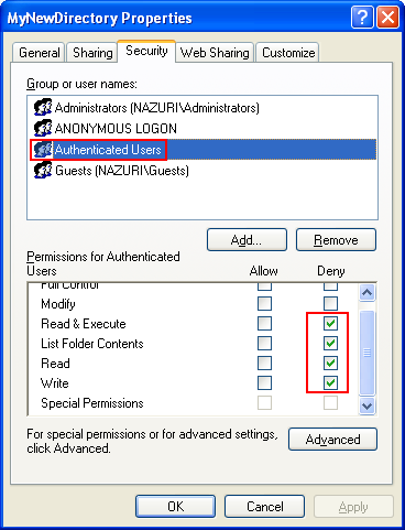 Creating a DACL from a scratch Example: Authenticated Users with Deny access