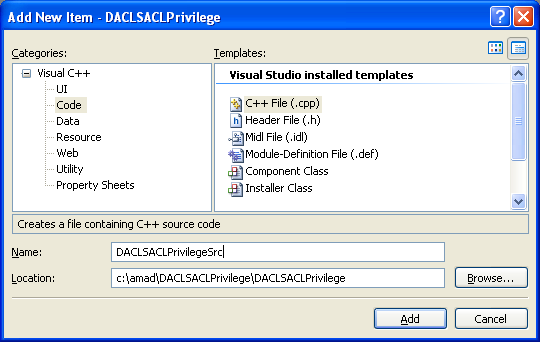 Creating DACL and SACL with the Privilege Program Example: adding new C++ source file to the existing project