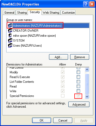 Modifying Existing DACLs of an Object Program Example: Access denied for Administrators group
