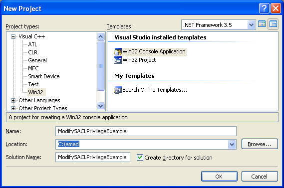 Modifying the SACL and Privilege Program Example: Creating new Win32 console mode application project
