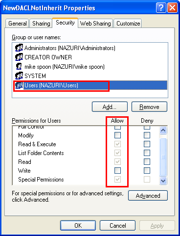 More New DACL which Inherit Program Example: Users have Special Permission (without inheritance)
