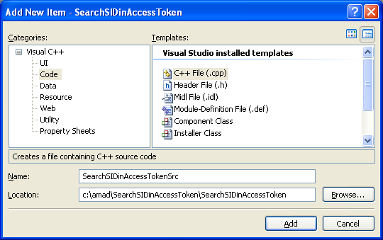 Searching for a SID in an Access Token Program Example 1: Adding new C++ source file to the existing project