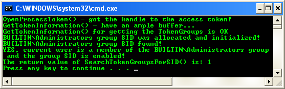 Searching for a SID in an Access Token Program Example 1: A sample output with the found SID