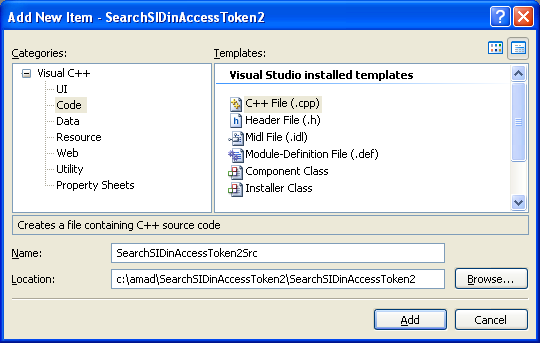 Searching for a SID in an Access Token Program Example 2: Adding C++ source file to the existing project