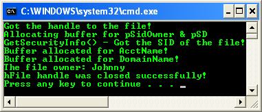 Finding the Owner of a File Object Program Example: A  sample Win32 console output