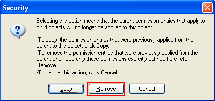 Taking the Object Ownership Program Example: The folder object security alert message when removing users other than the owner