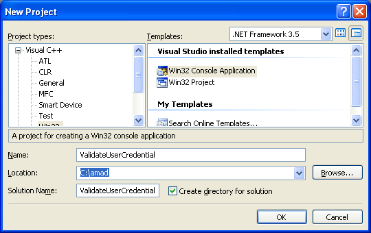 Validate User Credentials on Microsoft Operating Systems Program Example: Creating new C++ Win32 empty console project