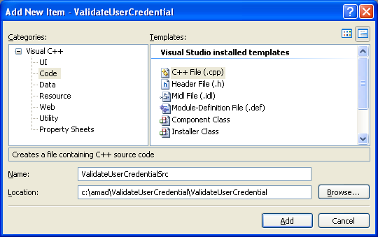 Validate User Credentials on Microsoft Operating Systems Program Example: Adding the C++ source file