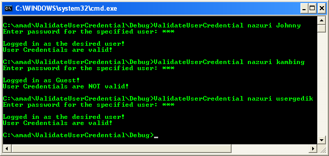 Validate User Credentials on Microsoft Operating Systems Program Example: A sample output showing the user account validations
