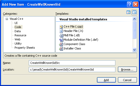 Creating A Well Known SID Program Example: Adding the C++ source  file to the existing C++ project