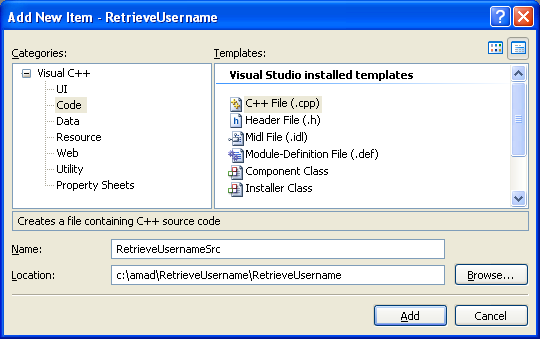 Retrieving current user and domain names on Windows NT, Windows 2000, or Windows XP Code Example: Adding the C++ source file