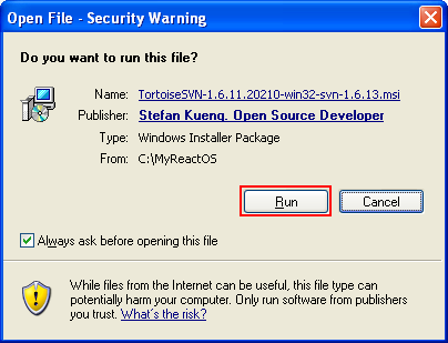 Building ReactOS operating system: Windows security warning