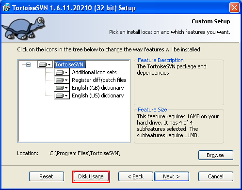 Building ReactOS operating system: TortoiseSVN installations and features selection