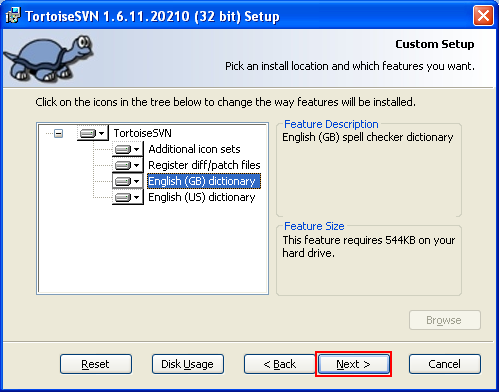 Building ReactOS operating system: TortoiseSVN selecting the features to be installed
