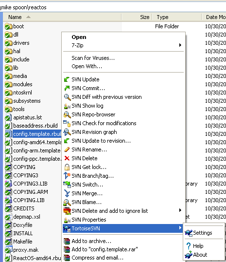 Building ReactOS operating system: TortoiseSVN client - another example of the new context menus in effect