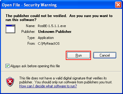 Download and install ReactOS build environment: ReactOS - Windows security warning page