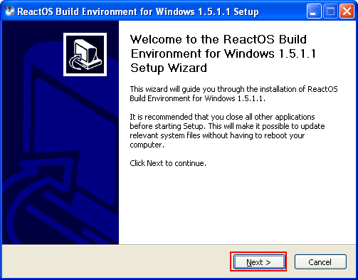 Download and install ReactOS build environment: RosBE build environment setup wizard welcome page