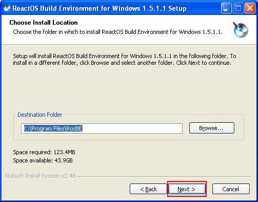 Download and install ReactOS build environment: RosBE build environment installation path