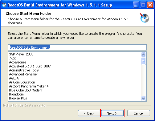 Download and install ReactOS build environment: RosBE build environment shortcut menu
