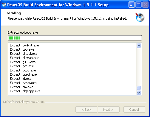 Download and install ReactOS build environment: RosBE build environment installation starts