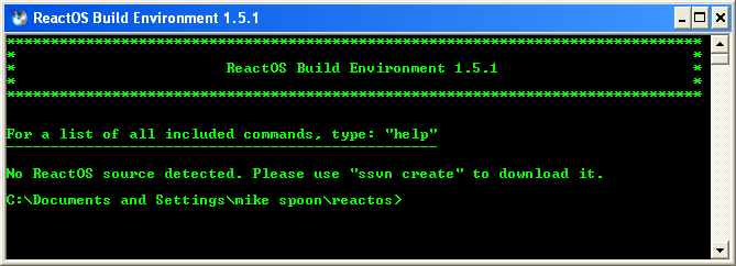 Download and install ReactOS build environment: The RosBE console