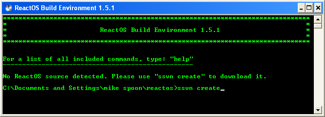 Download and install ReactOS build environment: Launching RosBE ssvn create command to create source code folder and downloading source codes