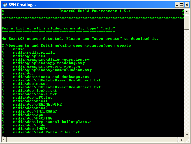 Download and install ReactOS build environment: ReactOS source code download in progress