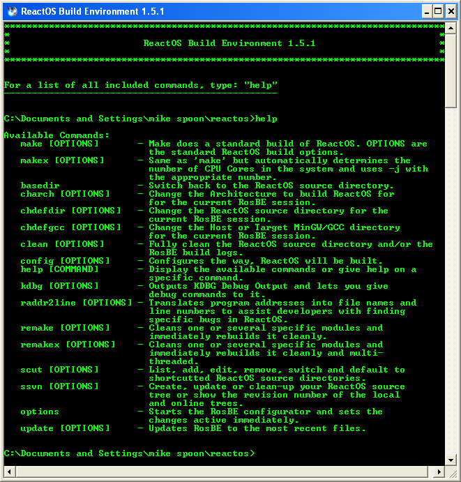 Download and install ReactOS build environment: RosBE commands