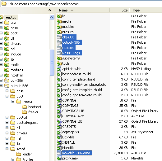 Download and install ReactOS build environment: Using the RosBE make command, the generated output files and folders
