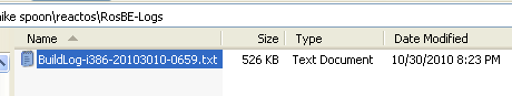 Download and install ReactOS build environment: Using the RosBE make command, the log file