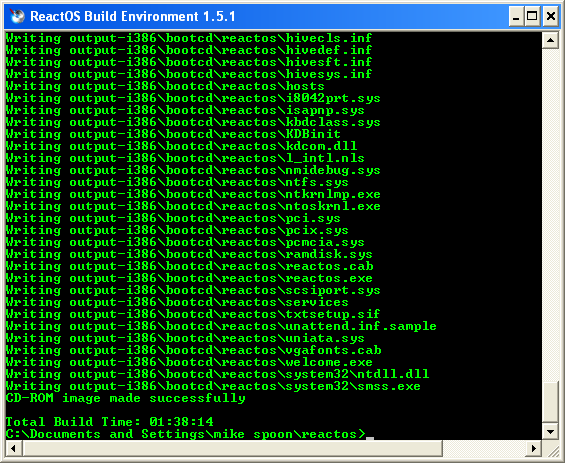 Download and install ReactOS build environment: The RosBE make bootcd command in progress