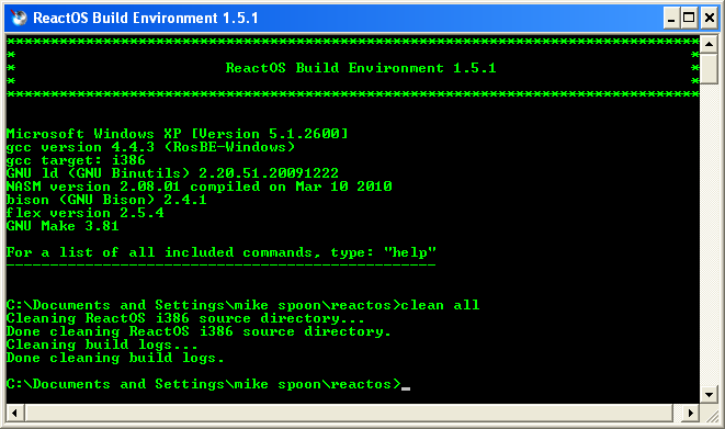 Download and install ReactOS build environment: The RosBE clean all command