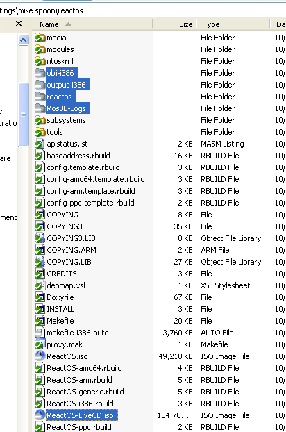 Download and install ReactOS build environment: The RosBE make livecd command, the generated output