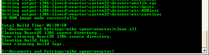 Download and install ReactOS build environment: The RosBE make livecd command, clean all command
