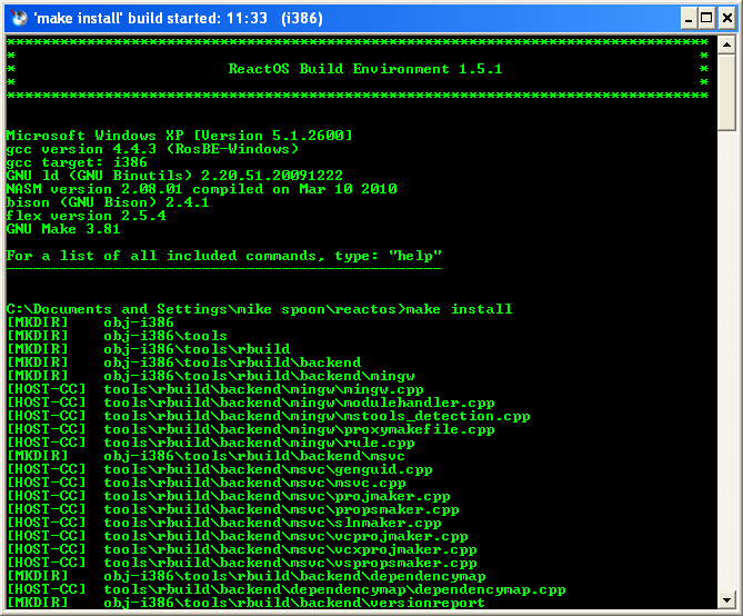 Download and install ReactOS build environment: The RosBE make install command