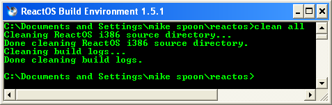 Download and install ReactOS build environment: The RosBE make install command, clean all
