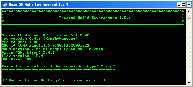 Download and install ReactOS build environment: The RosBE console