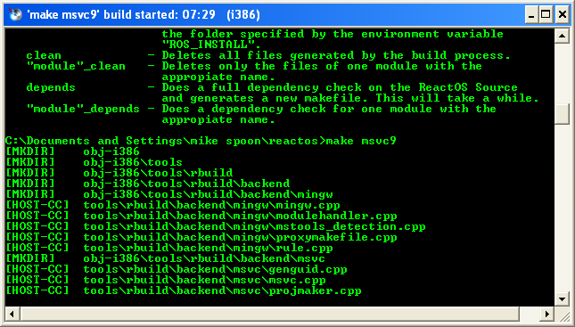 Download and install ReactOS build environment: Launching the RosBE make msvc command