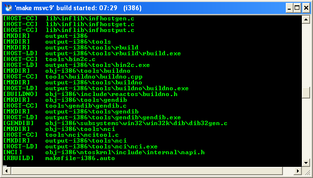 Download and install ReactOS build environment: The RosBE make msvc command in progress