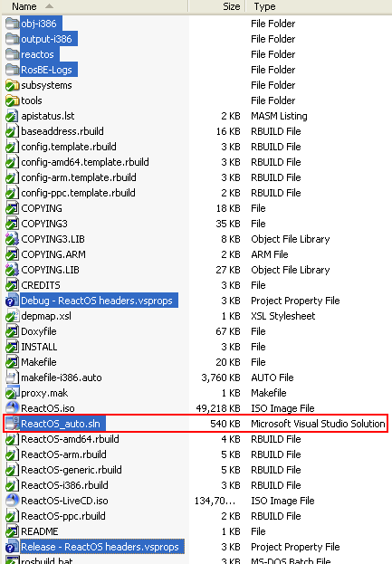 Download and install ReactOS build environment: The RosBE make msvc command, the generated output files and folders