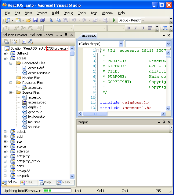 Download and install ReactOS build environment: the RosBE make msvc command, the opened visual studio project or module files