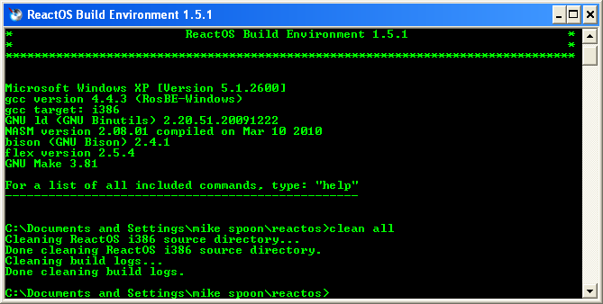 Download and install ReactOS build environment: the RosBE make msvc command, clean all command, cleaning all the visual studio project files
