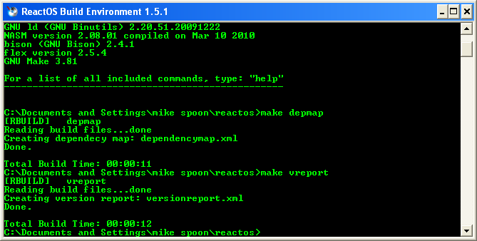 Download and install ReactOS build environment: Launching the vreport, version report command