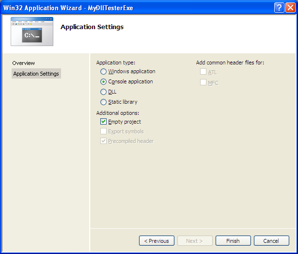 Using Load-Time Dynamic Linking Example: Selecting an empty Win32 project