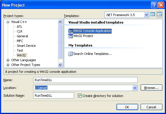 Using Run-Time Dynamic Linking Program Example: Creating new Win32 C++ console application project in Visual C++ .NET